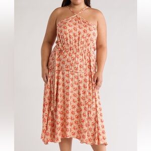 1DAY SALE Joie Red Orange Floral Midi Halter Dress size OX Plus Size MAYBE Large